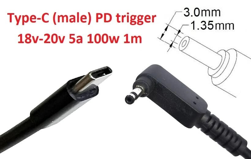 Кабель-перехідник тригер PD 18-20v Type-C (max 5a, 100w) на 3.0x1.35mm 1m з USB Type-C (male) Power Delivery PD тригер від компанії Shock km ua - фото 1