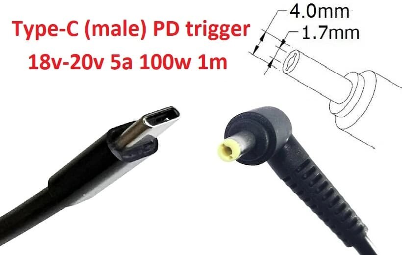 Кабель-перехідник тригер PD 18-20v Type-C (max 5a, 100w) на 4.0x1.7mm 1m з USB Type-C (male) Power Delivery PD тригер від компанії Shock km ua - фото 1