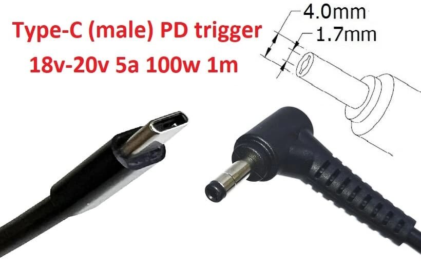 Кабель-перехідник тригер PD 18-20v Type-C (max 5a, 100w) на 4.0x1.7mm 1m з USB Type-C (male) Power Delivery PD тригер від компанії Shock km ua - фото 1