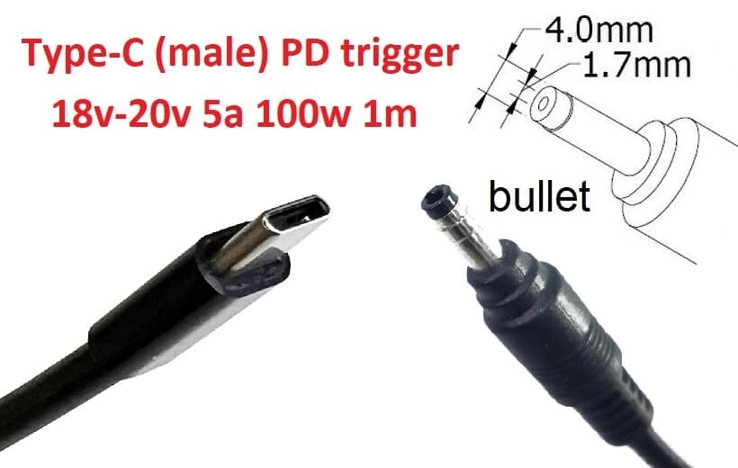 Кабель-перехідник тригер PD 18-20v Type-C (max 5a, 100w) на 4.0x1.7mm (bullet) 1m з USB Type-C (male) Power Delivery PD  від компанії Shock km ua - фото 1