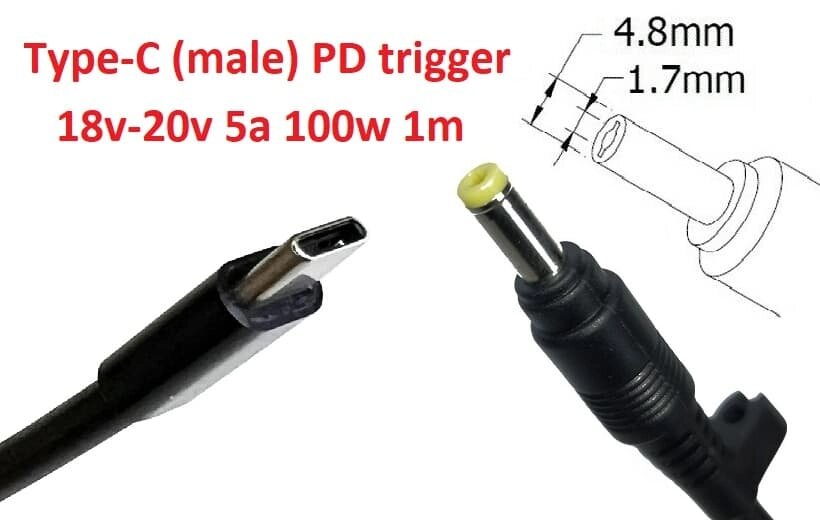 Кабель-перехідник тригер PD 18-20v Type-C (max 5a, 100w) на 4.8x1.7mm 1m з USB Type-C (male) Power Delivery PD тригер від компанії Shock km ua - фото 1