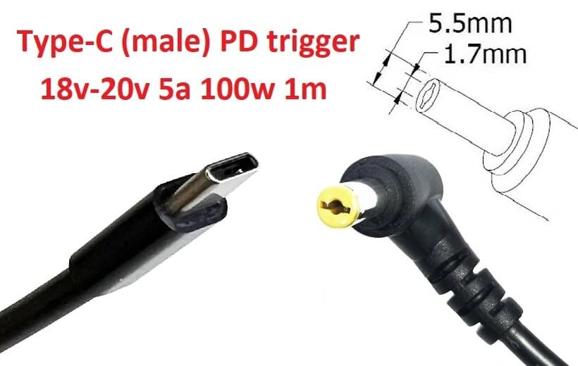 Кабель-перехідник тригер PD 18-20v Type-C (max 5a, 100w) на 5.5x1.7mm 1m з USB Type-C (male) Power Delivery PD тригер від компанії Shock km ua - фото 1