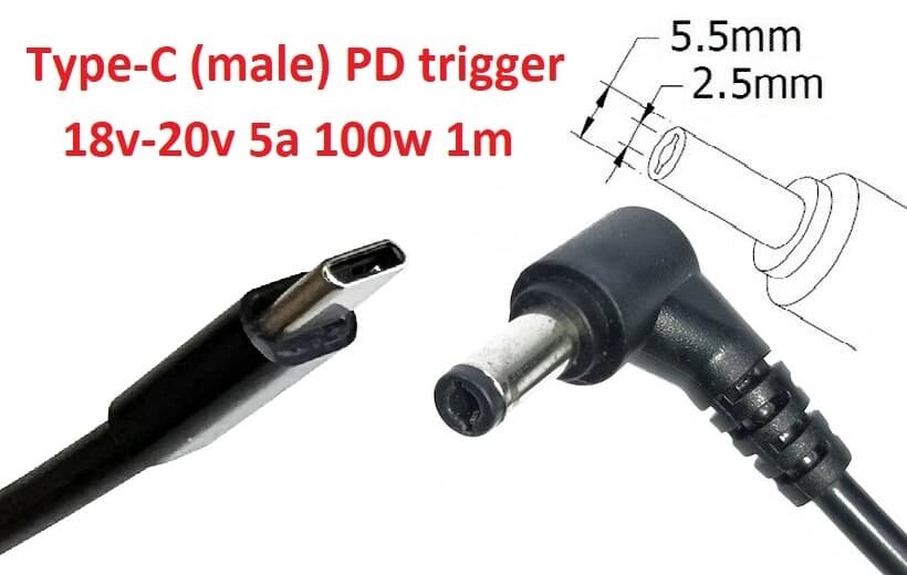 Кабель-перехідник тригер PD 18-20v Type-C (max 5a, 100w) на 5.5x2.5mm 1m з USB Type-C (male) Power Delivery PD тригер від компанії Shock km ua - фото 1