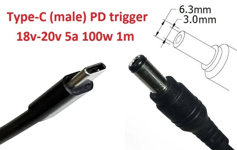 Кабель-перехідник тригер PD 18-20v Type-C (max 5a, 100w) на 6.3x3.0mm 1m з USB Type-C (male) Power Delivery PD тригер від компанії Shock km ua - фото 1
