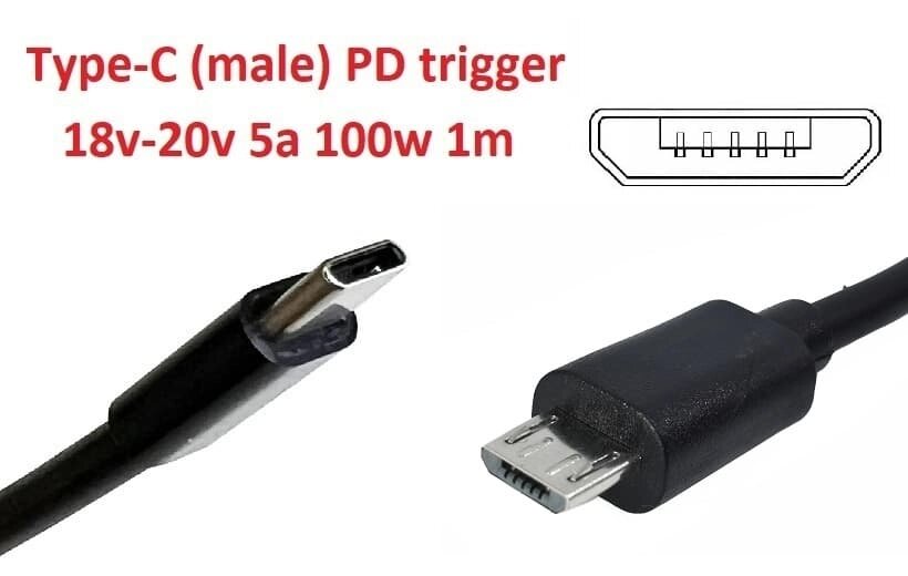 Кабель-перехідник тригер PD 19.5v Type-C for Dell Venue 11 (max 5a, 100w) на micro USB 1m з USB Type-C (male) Power від компанії Shock km ua - фото 1
