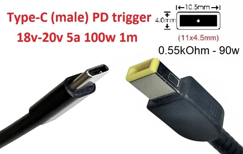 Кабель-перехідник тригер PD 20v Type-C (max 5a, 100w) на Square tip 11.0x4.5mm (+pin) 1m з USB Type-C (male) Power від компанії Shock km ua - фото 1