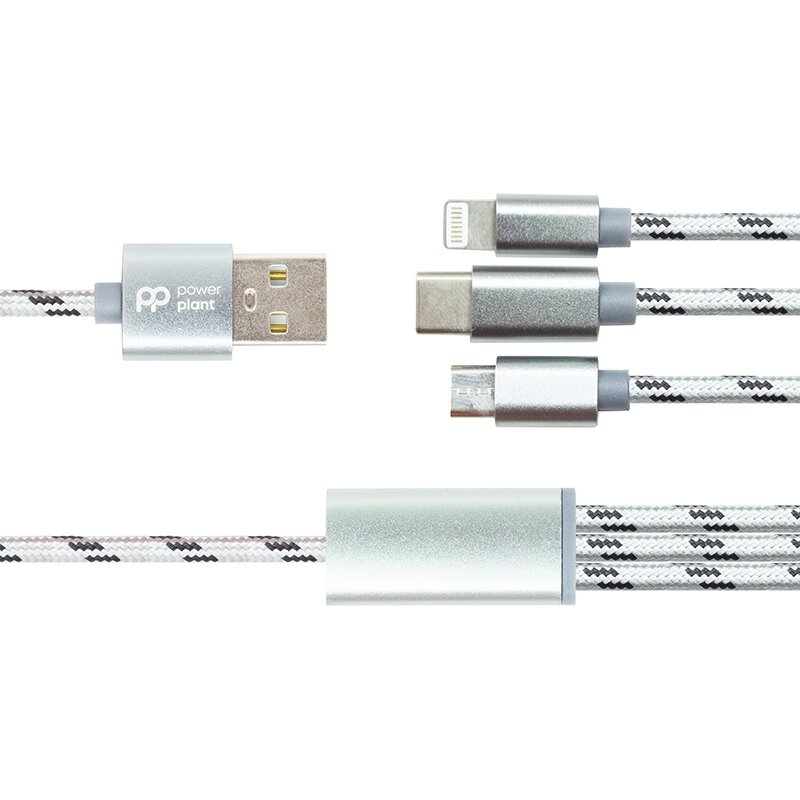 Кабель PowerPlant 2.1A 3-в-1 USB AM - Type-C/Lightning/Micro, 1.2м, сірий від компанії Shock km ua - фото 1
