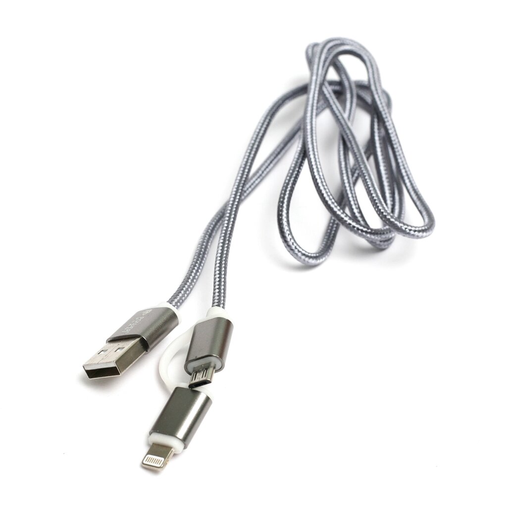 Кабель PowerPlant Quick Charge 2A 2-в-1 cotton USB 2.0 AM – Lightning/Micro 1м grey від компанії Shock km ua - фото 1