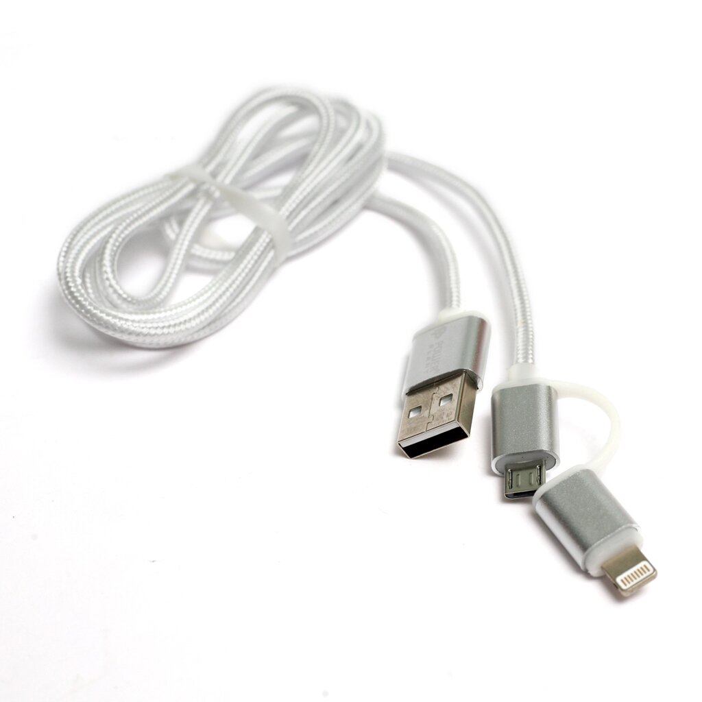 Кабель PowerPlant Quick Charge 2A 2-в-1 cotton USB 2.0 AM – Lightning/Micro 1м silver від компанії Shock km ua - фото 1