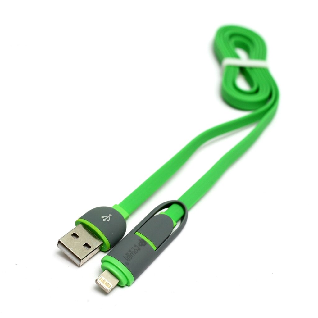 Кабель PowerPlant Quick Charge 2A 2-в-1 flat USB 2.0 AM – Lightning/Micro 1м green від компанії Shock km ua - фото 1