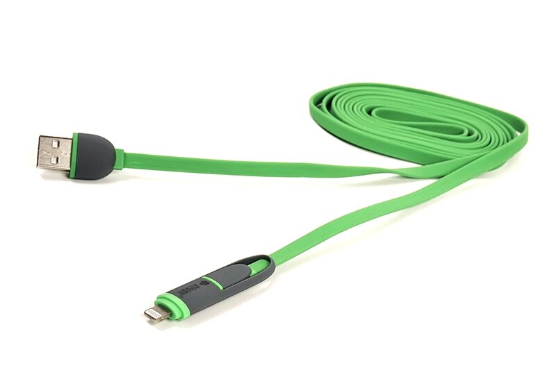 Кабель PowerPlant Quick Charge 2A 2-в-1 flat USB 2.0 AM - Lightning/Micro 2м green від компанії Shock km ua - фото 1