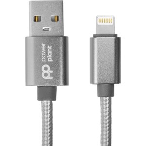 Кабель PowerPlant USB - Lightning, 1м, нейлон, металевий штекер, сірий