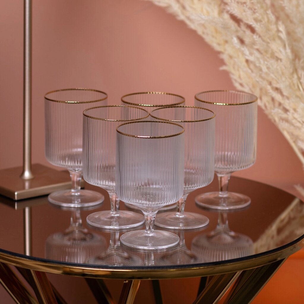 Келих для вина фігурний на ніжці прозорий ребристий із золотим обідком столовий набір 6 шт від компанії Shock km ua - фото 1