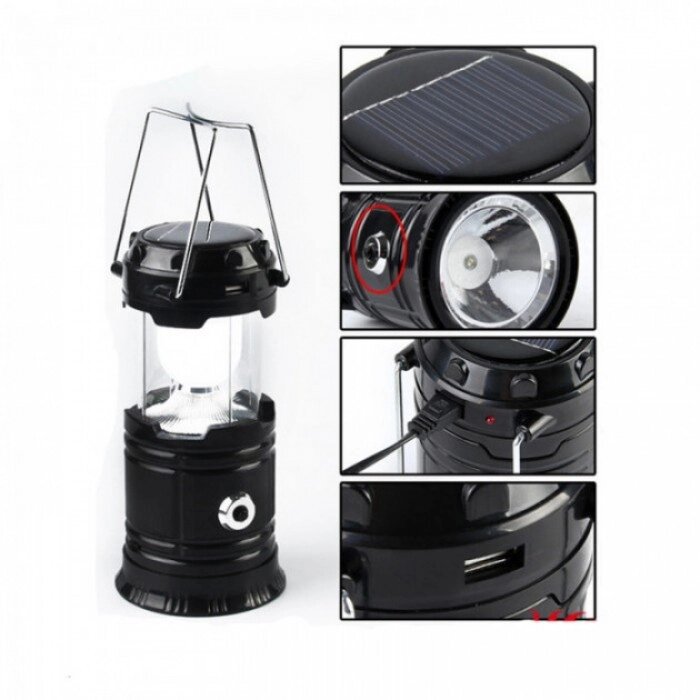 Кемпінгова LED-лампа JH-5800T з POWER BANK Ліхтар ліхтарик сонячна панель Чорний від компанії Shock km ua - фото 1