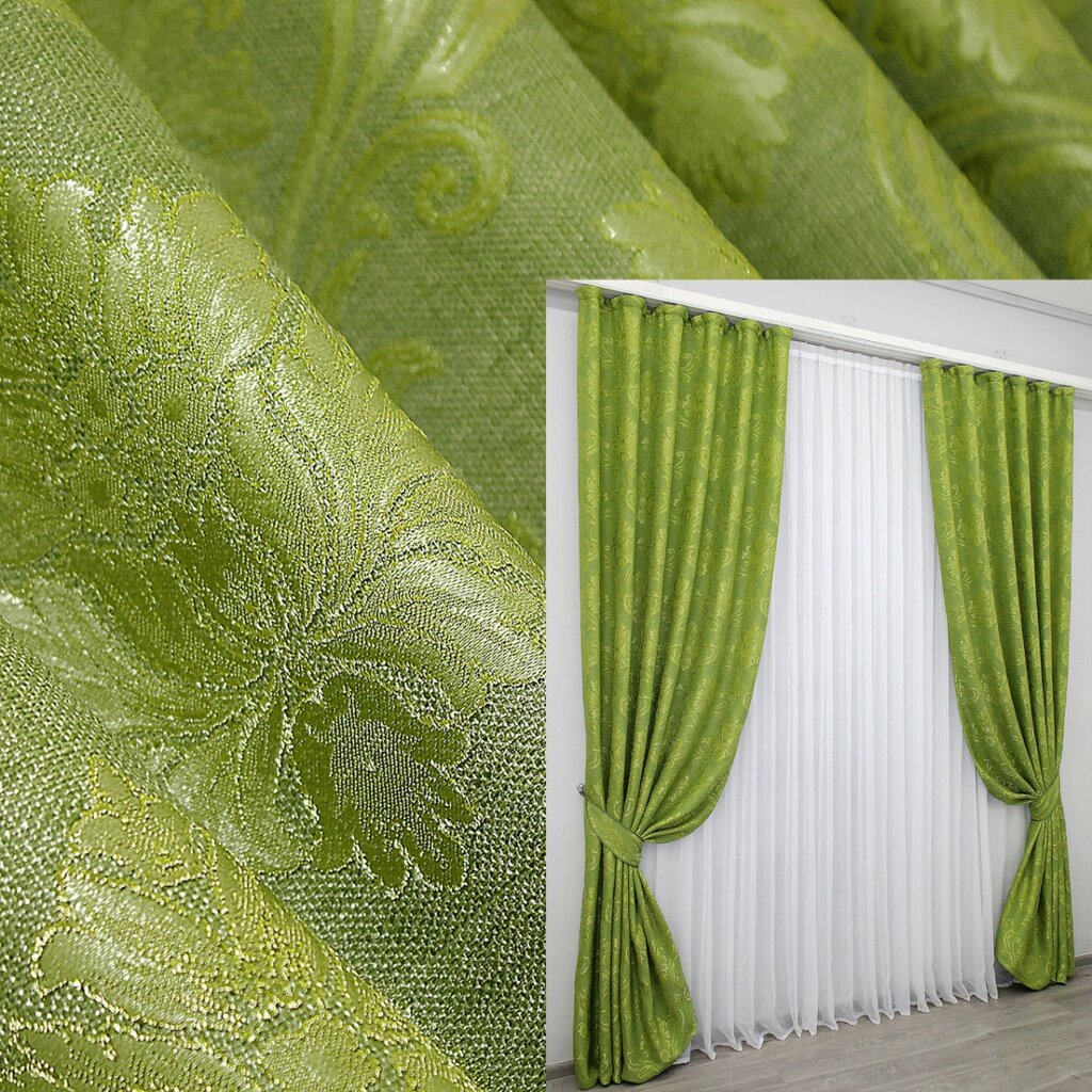 Комплект (2шт. 1,5х2.7м) готових штор із тканини льон рогожка, колекція "Корона Марія". Колір світло-оливковий. Код від компанії Shock km ua - фото 1