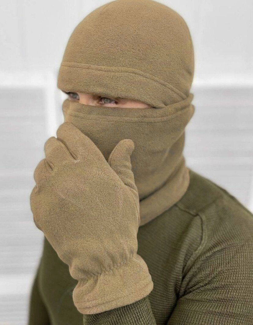 Комплект флісовий з шапки, баффа та рукавичок тактичний для армії ЗСУ бежевого кольору. від компанії Shock km ua - фото 1