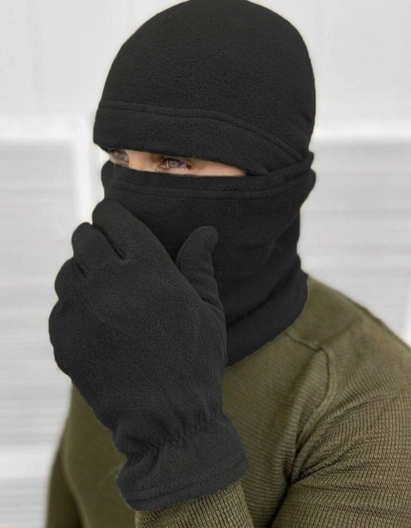 Комплект флісовий з шапки, баффа та рукавичок тактичний для армії ЗСУ чорного кольору від компанії Shock km ua - фото 1