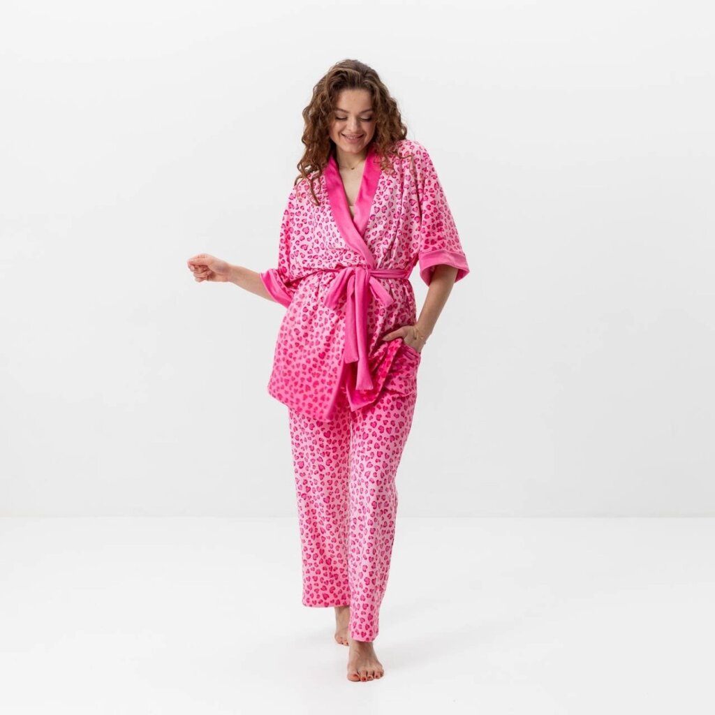 Комплект жіночий із плюшевого велюру штани та халат Рожевий леопард 3420_S 15963 S від компанії Shock km ua - фото 1