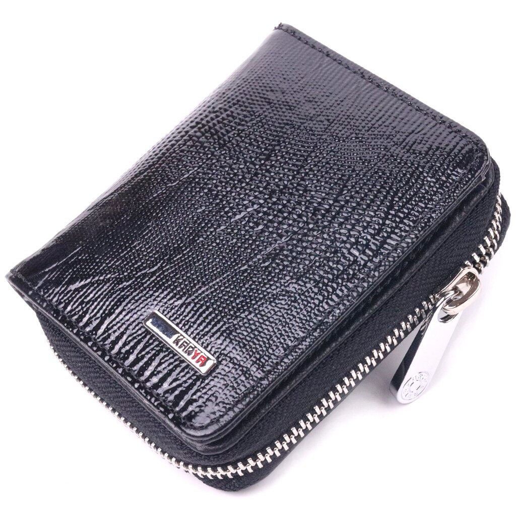 Лакований гаманець для жінок з монетницею на блискавці з натуральної шкіри фактурної KARYA 21411 Чорний від компанії Shock km ua - фото 1