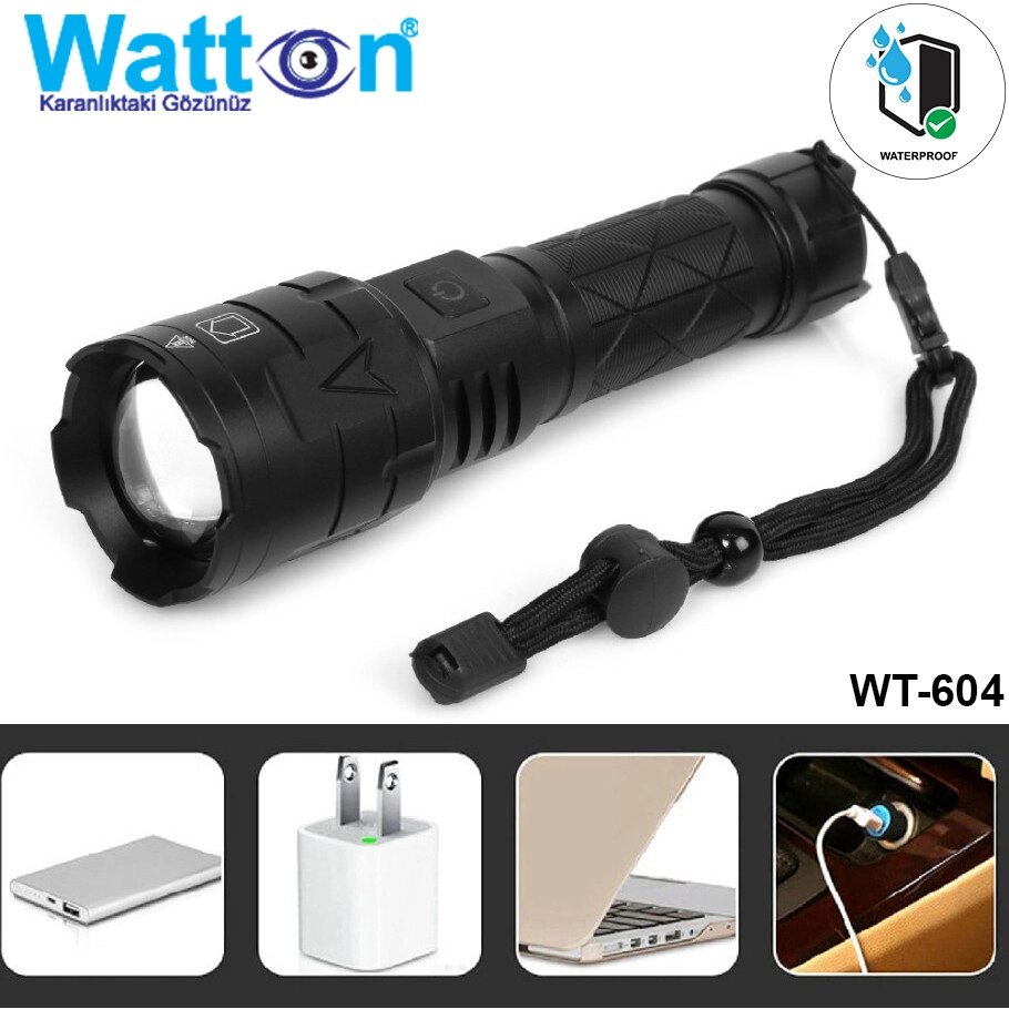Ліхтарик тактичний акумуляторний WATTON WT-604, кишеньковий ліхтар із USB зарядкою та функцією Powerbank від компанії Shock km ua - фото 1