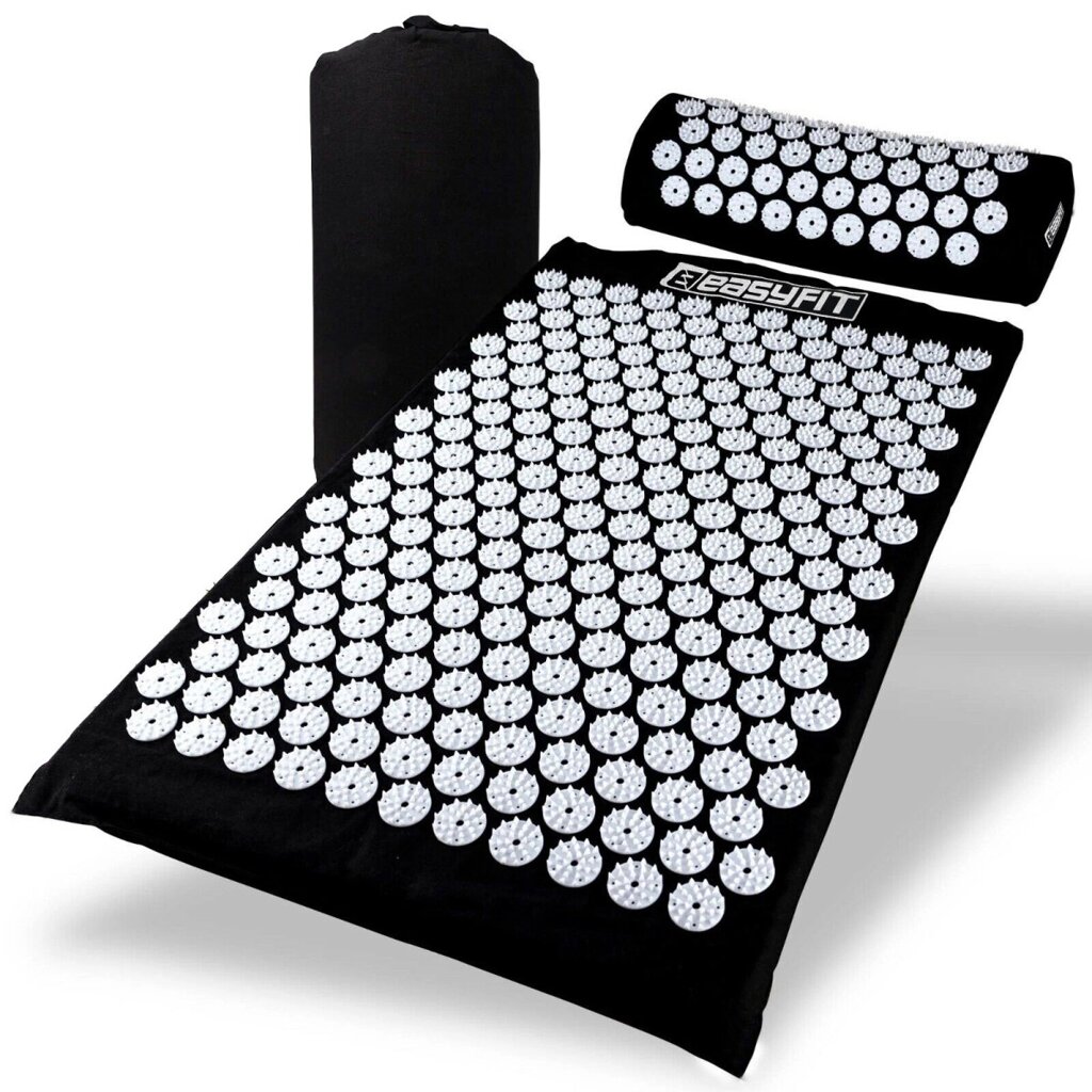 Масажний килимок Easyfit з подушкою (аплікатор Кузнєцова) Чорний з білим від компанії Shock km ua - фото 1