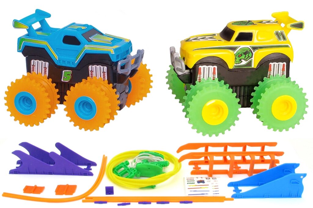 Машинки на бат. Trix Trux набір 2 машинки з трасою (синій + жовтий) від компанії Shock km ua - фото 1