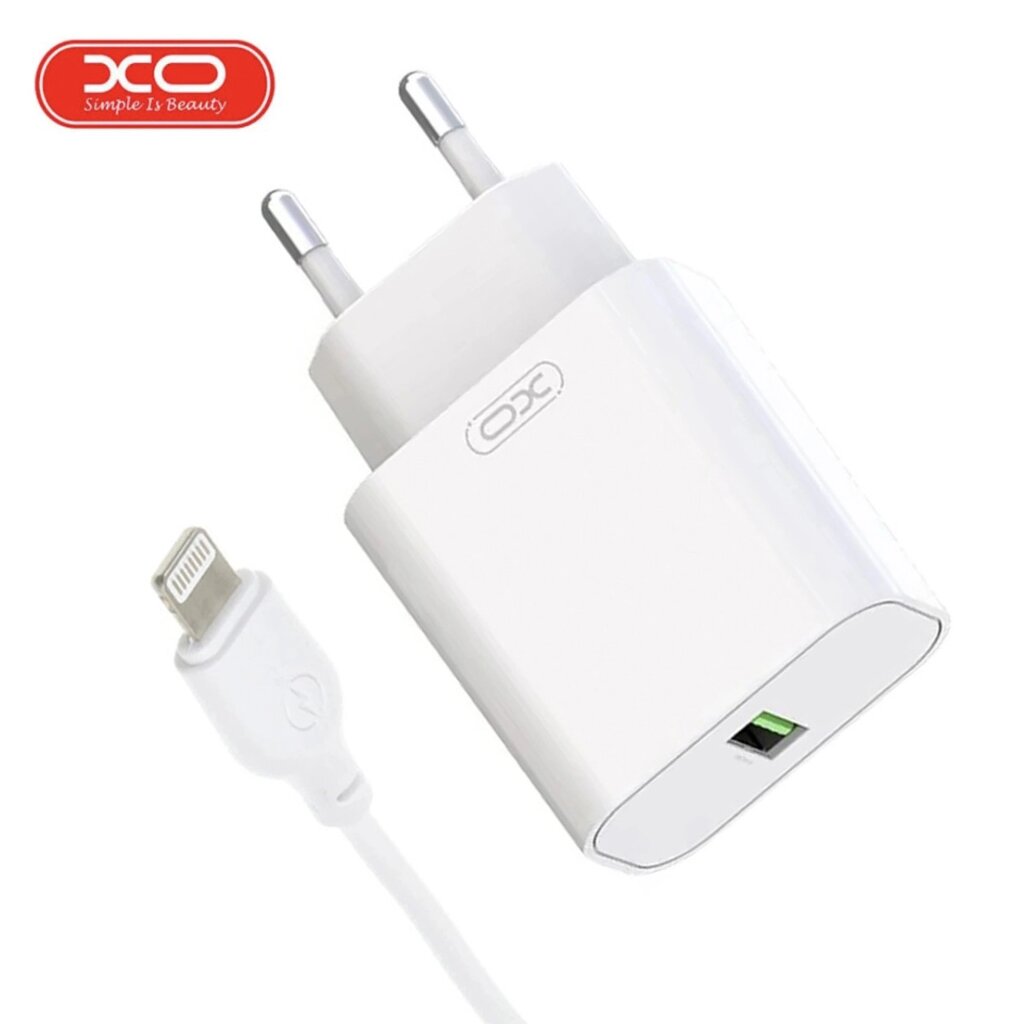 Мережевий зарядний пристрій XO L103 QC3.0 з USB/3A портом і кабелем USB - Lightning Білий від компанії Shock km ua - фото 1