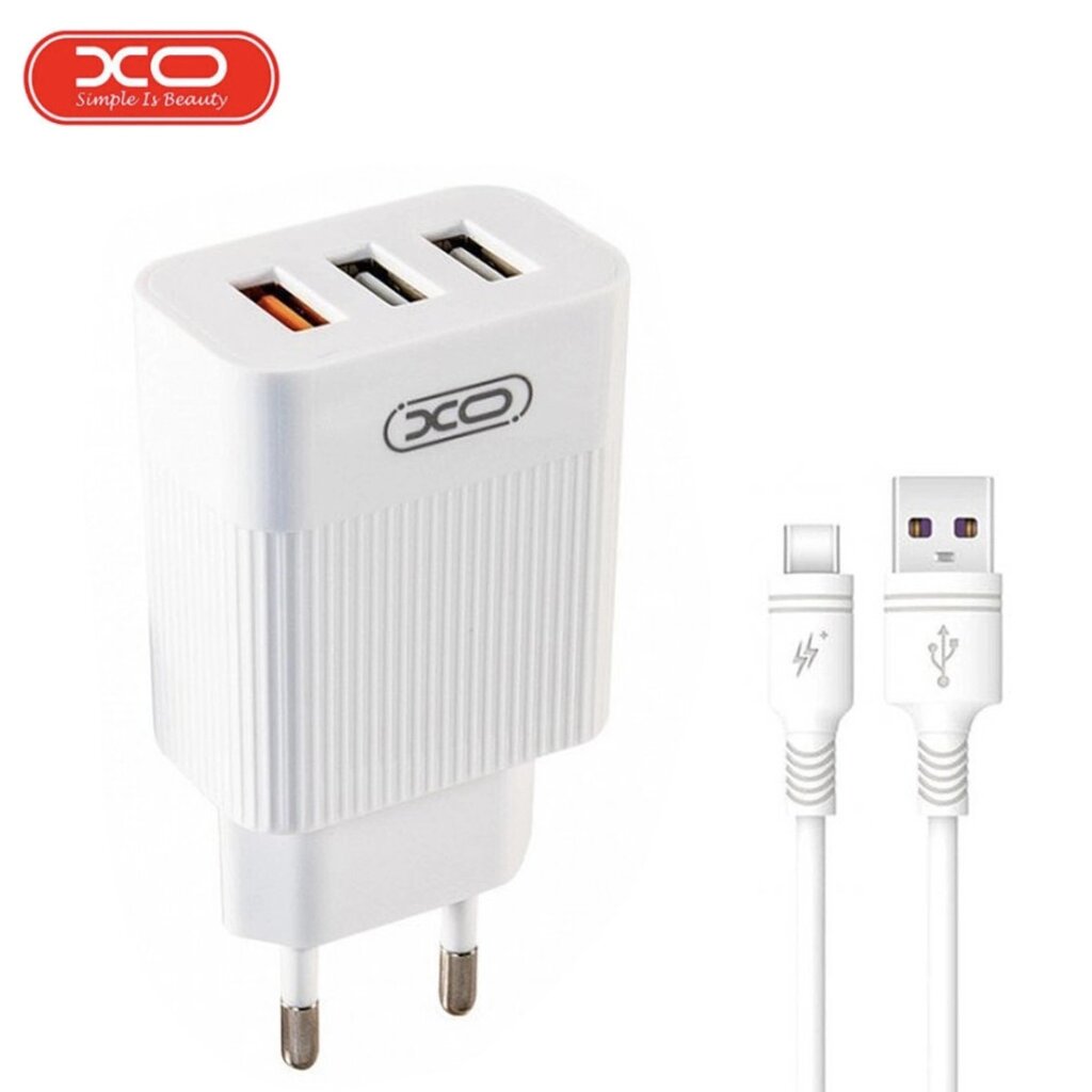 Мережевий зарядний пристрій XO L72 QC3.0 3USB/3A з кабелем USB - Type-C Білий від компанії Shock km ua - фото 1