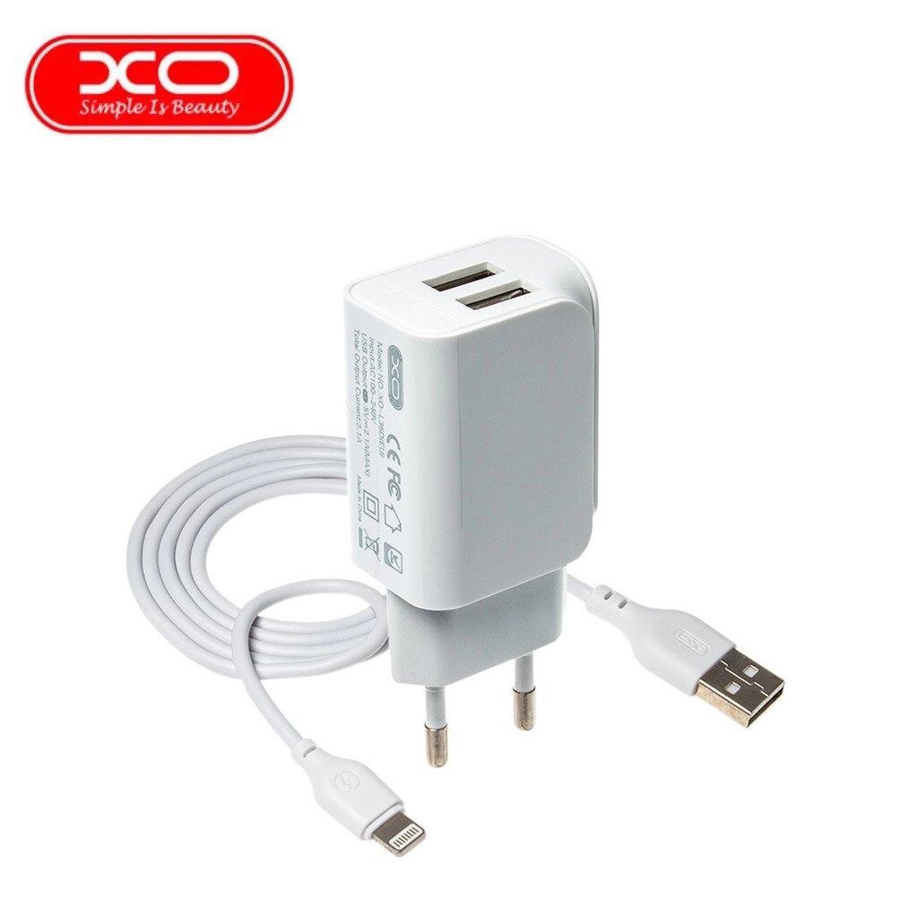 Мережевий зарядний пристрій з кабелем USB - Lightning XO L35D 2USB/2.1A Білий від компанії Shock km ua - фото 1