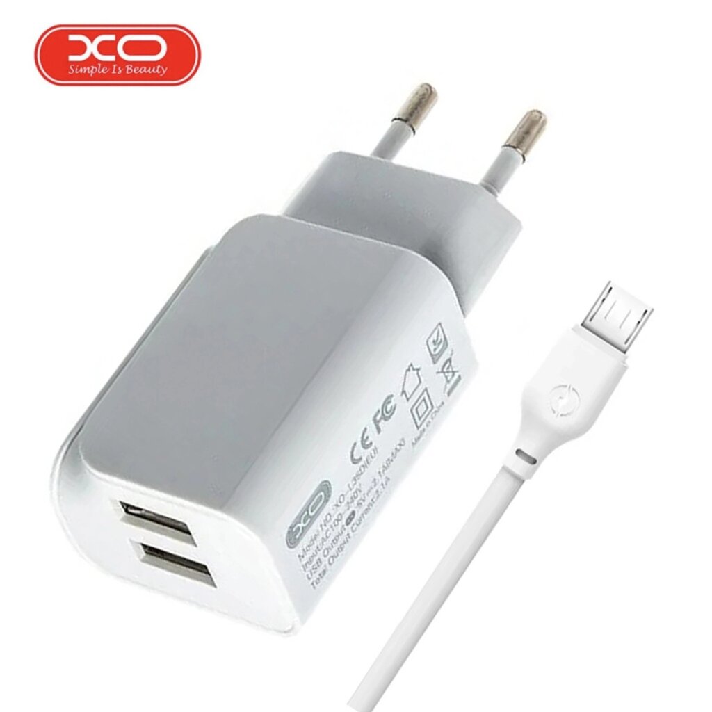 Мережевий зарядний пристрій з кабелем USB - MicroUSB XO L35D 2USB/2.1A Білий від компанії Shock km ua - фото 1