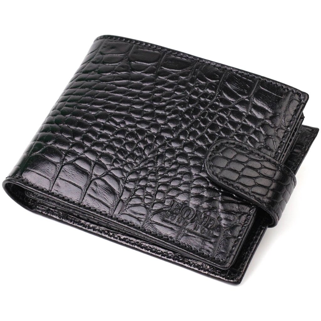 Місткий невеликий гаманець для чоловіків з натуральної шкіри з тисненням під крокодила BOND 21997 Чорний від компанії Shock km ua - фото 1