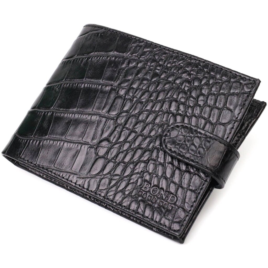 Модний гаманець для чоловіків з натуральної фактурної шкіри з тисненням під крокодила BOND 21995 Чорний від компанії Shock km ua - фото 1