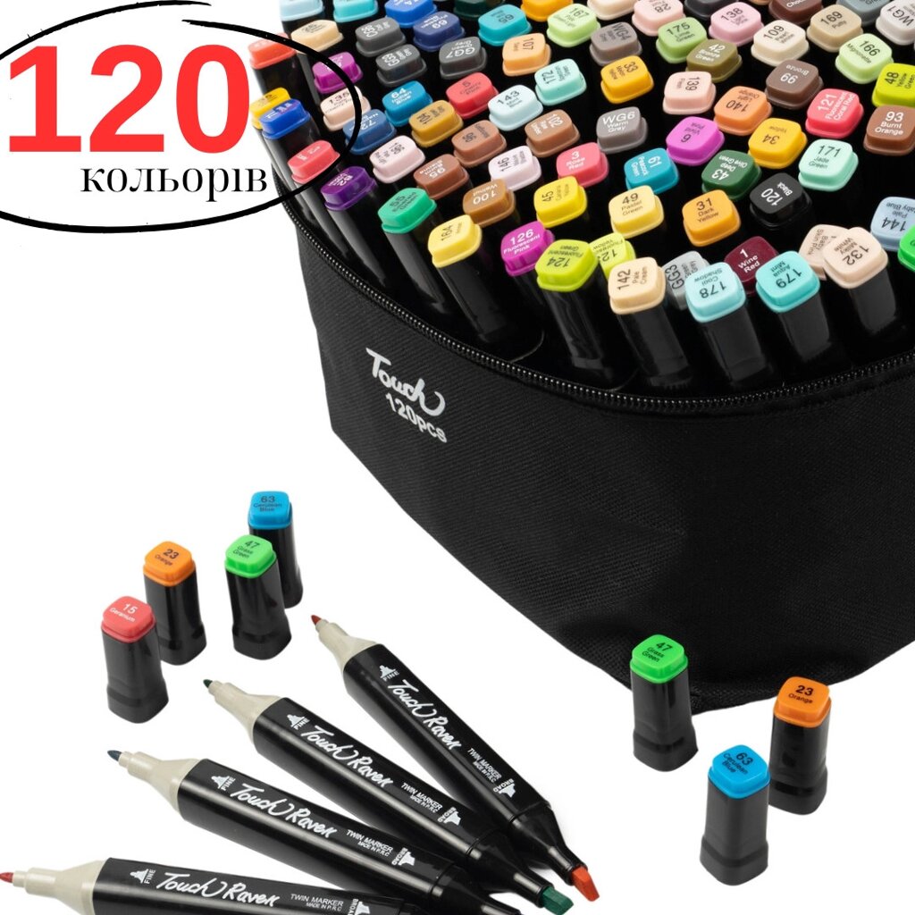Набір маркерів скетч 120 кольорів Touch Raven для малювання, в чорному корпусі, маркери двосторонні. від компанії Shock km ua - фото 1