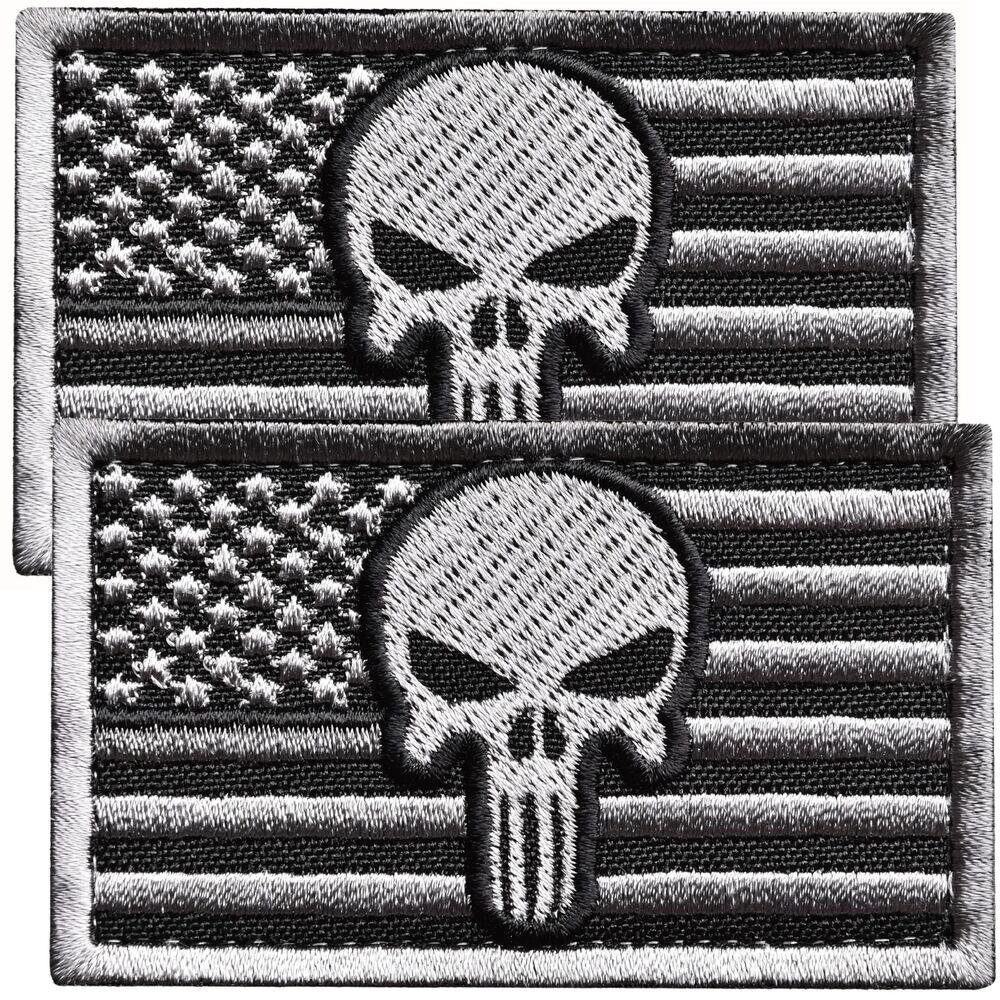Набір шевронів 2 шт. із липучкою Прапор США з черепом сірий 5х8 см від компанії Shock km ua - фото 1