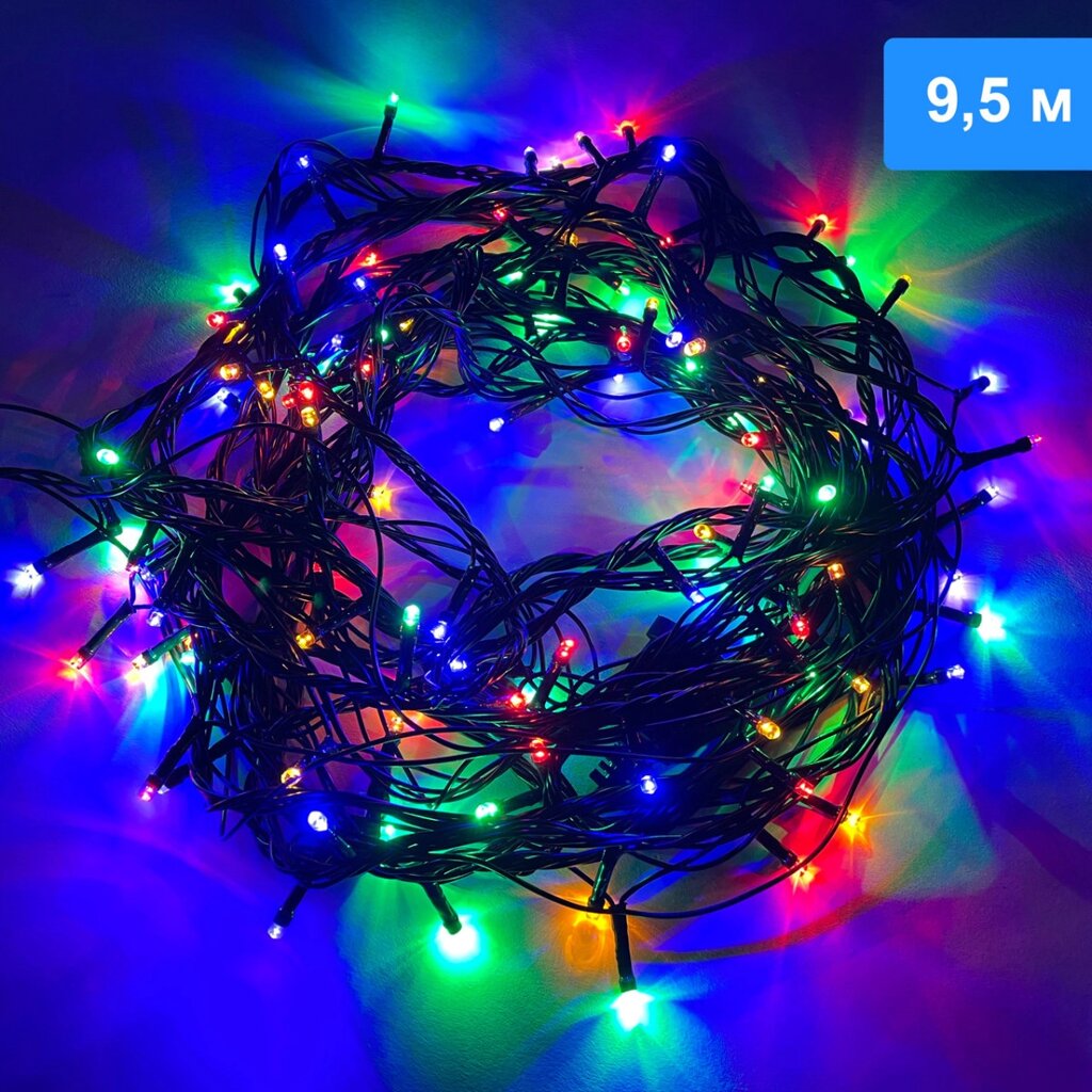Новорічна гірлянда з яскравими різнокольоровими лампочками 9,5 метрів та чорним шнуром з вилкою для розетки від компанії Shock km ua - фото 1