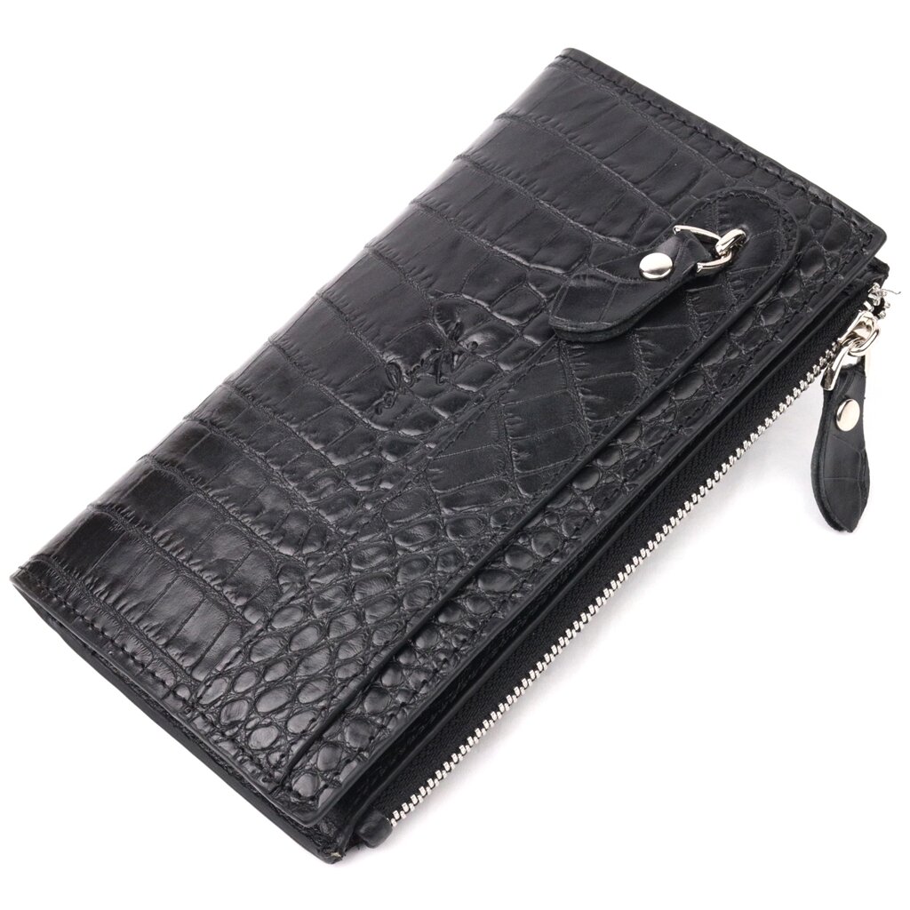 Оригінальний складний гаманець з натуральної шкіри з тисненням під крокодила KARYA 21128 Чорний від компанії Shock km ua - фото 1