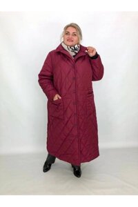 Пальто жіноче без капюшона стьобане "Панянка" червоне великі розміри 66-68, 70-72, 74-76