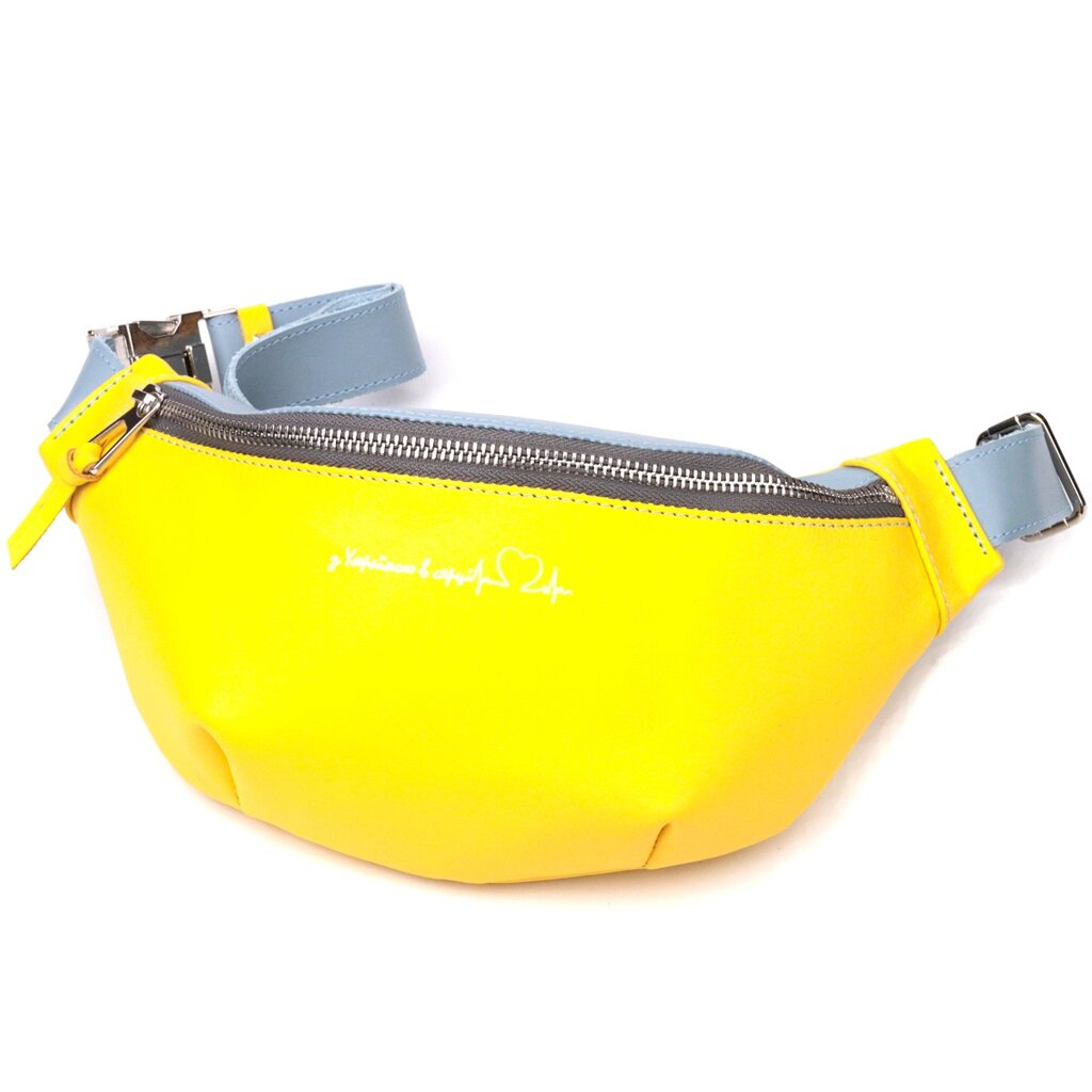 Патріотична шкіряна сумка-бананка комбі двох кольорів Серце GRANDE PELLE 16760 Жовто-блакитна від компанії Shock km ua - фото 1