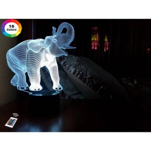 3D нічник "Слон" (ВОЛІЧНЕ ЗОБРАЖЕННЯ) + пульт ДК + мережевий адаптер +батарейки (3ААА)  3DTOYSLAMP