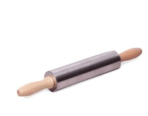 Скалка Kamille Ø5*38см с вращающимся валиком из нержавеющей стали и деревянными ручками 7777