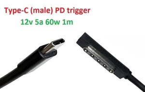 Кабель-перехідник тригер PD 12v Type-C (max 5a, 60w) на Microsoft 5pin SurFace 1/2 1m з USB Type-C (male) Power