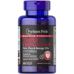 Жирні кислоти Puritan's Pride Triple Omega 3-6-9 Fish, Flax Borage Oils Maximum Strength, 60 капсул