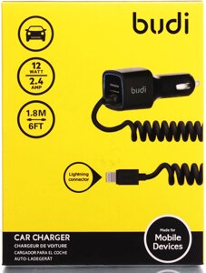 Автомобильное зарядное устройство BUDI Car charger Blue Led Lightning 1.2 m + 1USB 2.4A Black