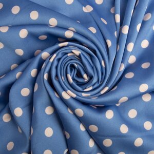 Тканина плательна атлас шовк Горошок білій на блакитній