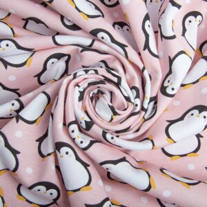Трикотажне полотно Інтерлок 190 гр/м2 пінгвіни рожевий