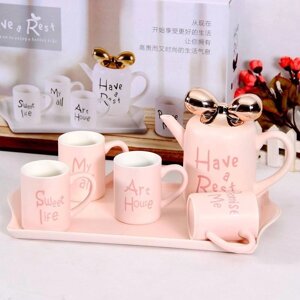Чайный сервиз на подносе OLens Счастливая жизнь О-8030-50 6 предметов розовый