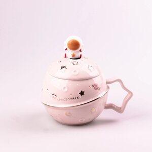 Чашка керамічна 400 мл Астронавт з кришкою та ложкою Білий
