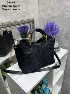 Чорна - натуральний замш зі зміїним принтом — стильна сумка на три відділення — фурнітура золото - топ продажів (2049-1)