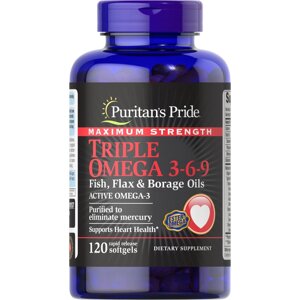 Жирні кислоти Puritan's Pride Triple Omega 3-6-9 Fish, Flax Borage Oils Maximum Strength, 120 капсул