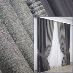 Штори (2шт. 2,9х3м.) із тканини льон колекції "ANZIO". Колір темно-сірий з сріблястим. Код 1305ш 34-001